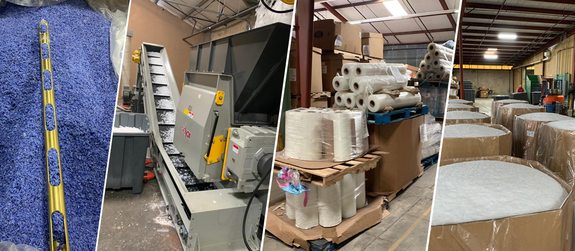Grinder, plastic rolls and pallets at the AP&J facility